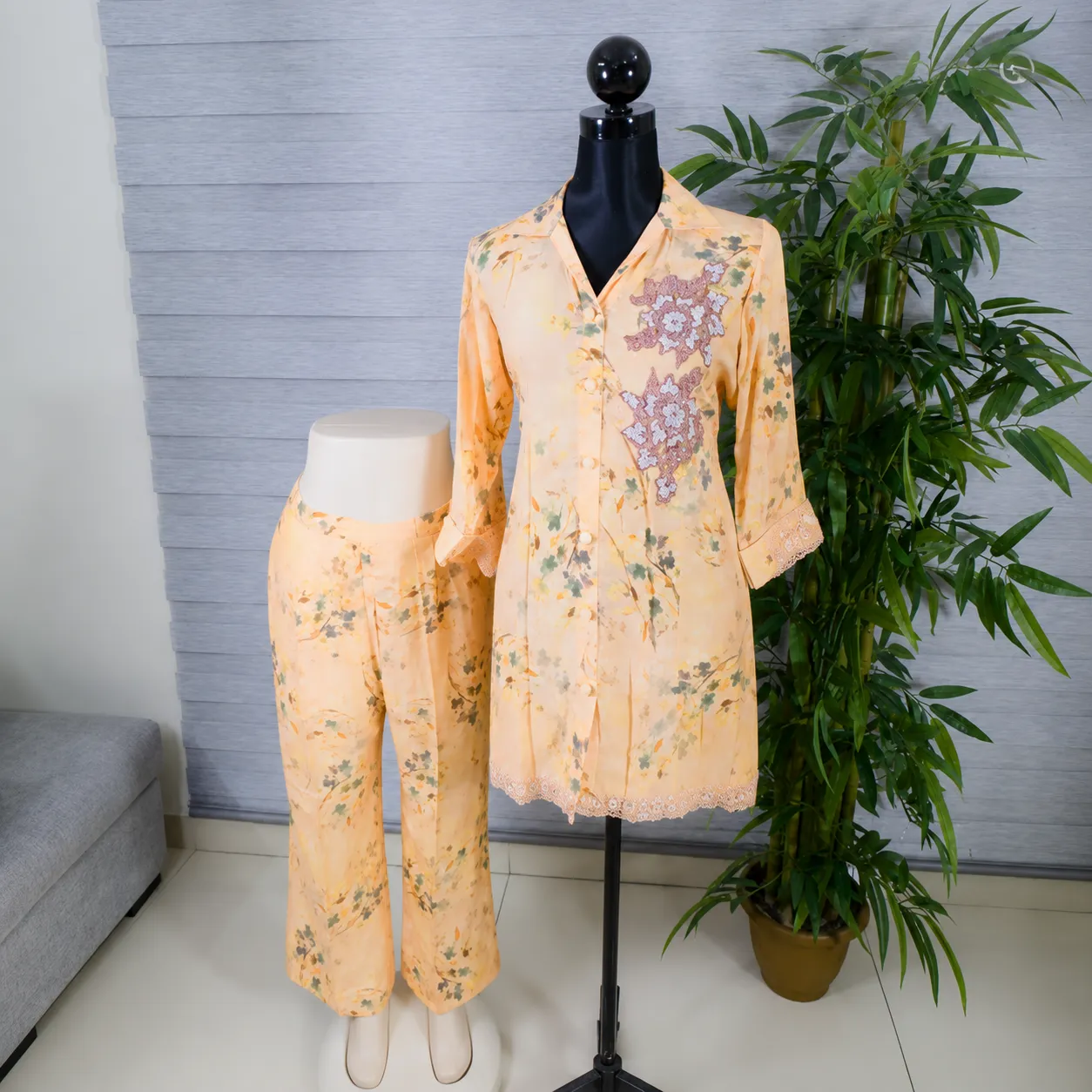 Peach Floral Embroidered Kurti & Pant Set